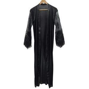 Womens Vintage 90s Y2K Whimsigoth Satin Sheer Lace Sleeve Long Black Duster